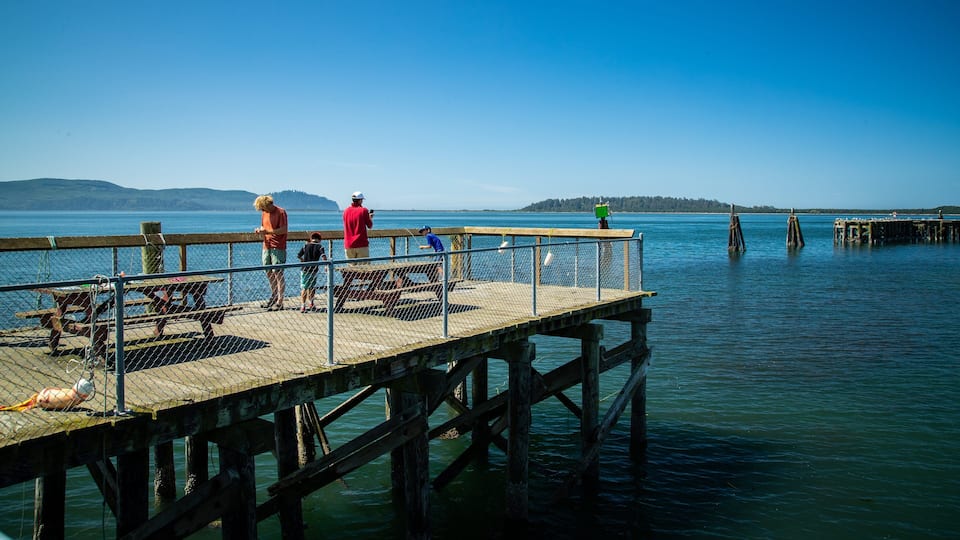 A wooden pier extending into a calm body of water with people standing on it.