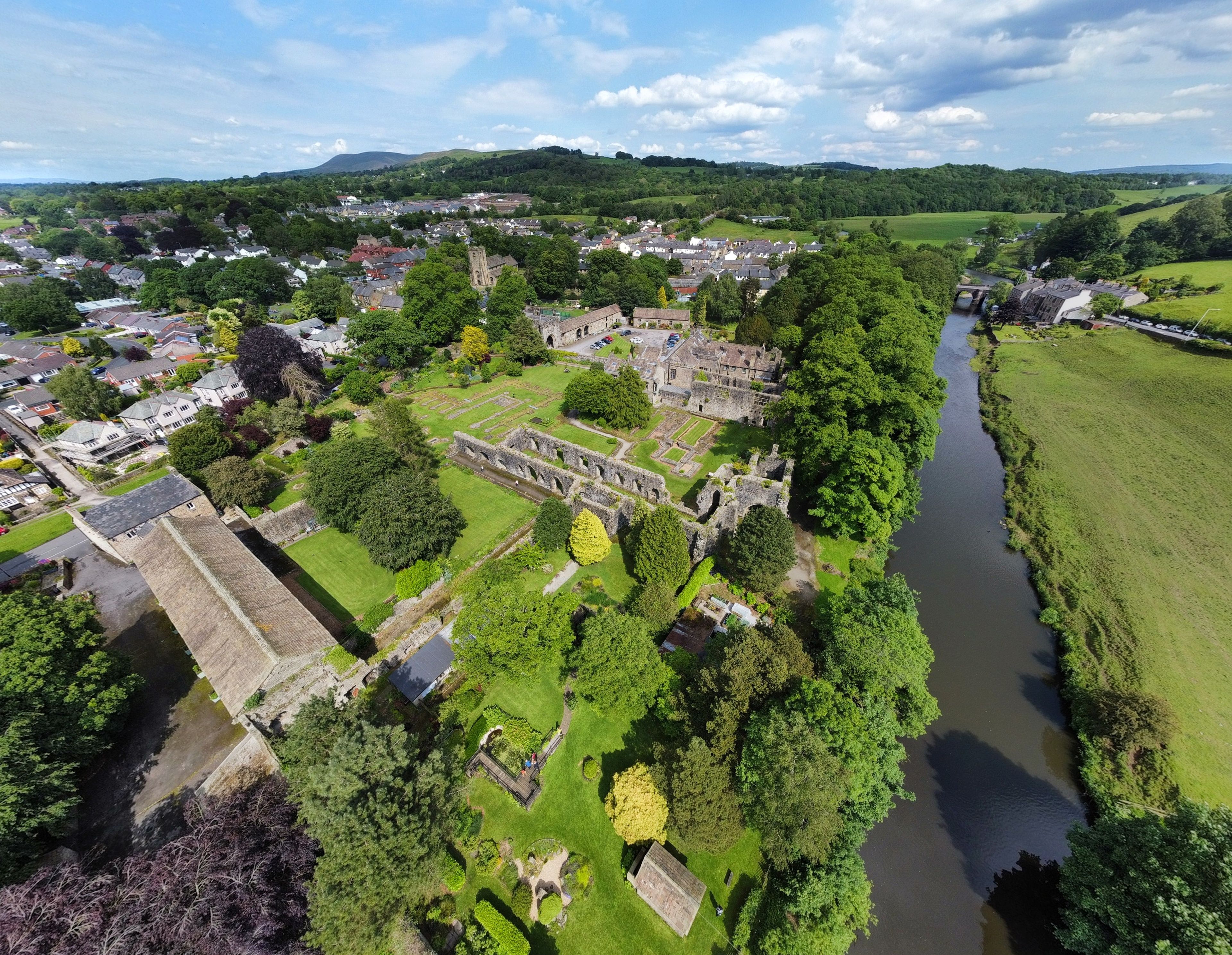 Drone image looking down onto Whalley Abbey in Lancashire England. 