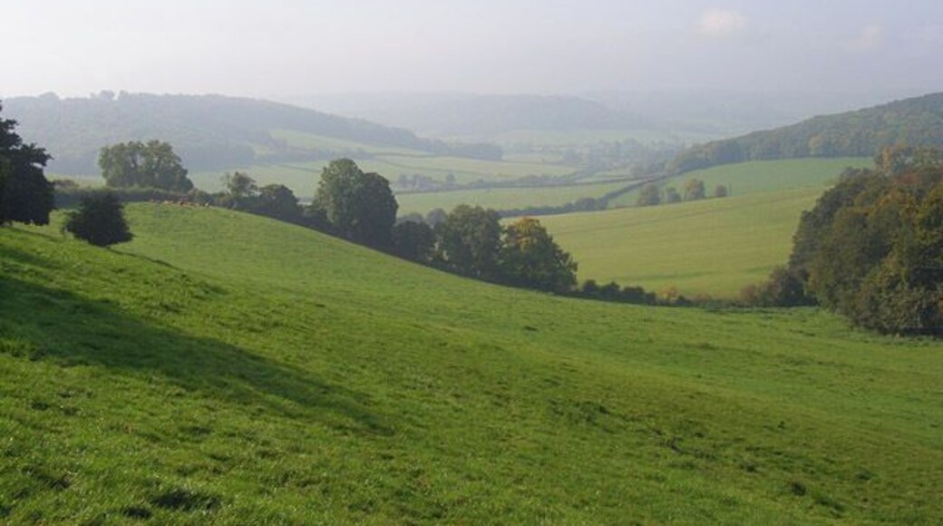 Pastures, Fingest Fog had lifted to reveal a hazy view over the rolling landscape between Cadmore End and Fingest.