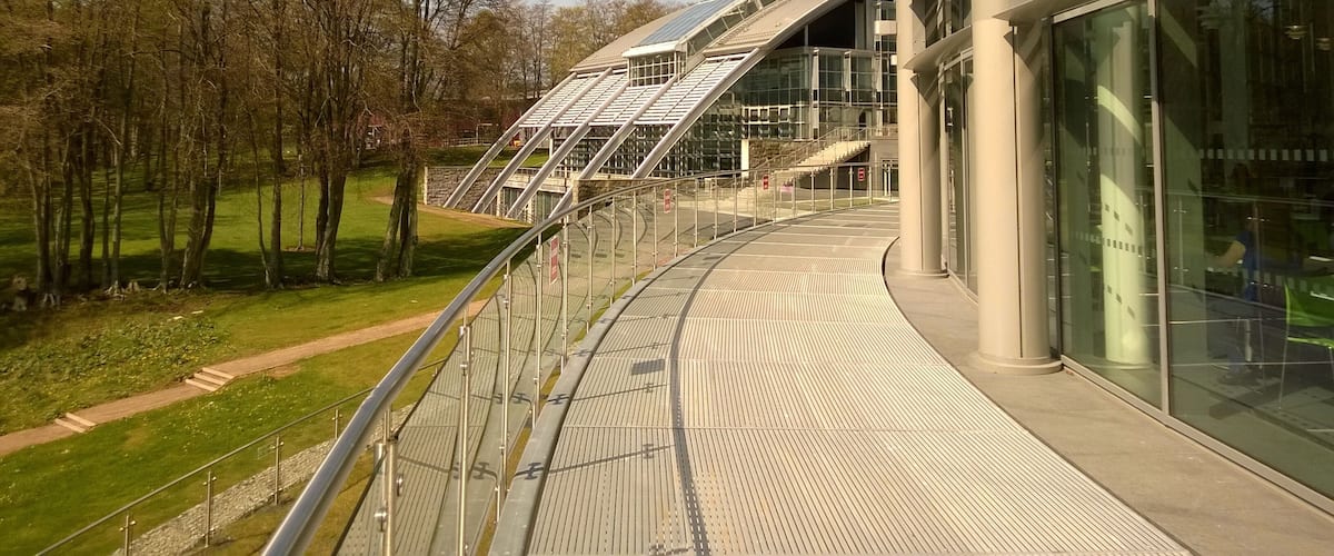 The Robert Gordon University, Aberdeen, Scotland: Terrace outside refectory on Level 2 of the Riverside East building. The terrace is accessed through the refectory and provides exterior space on days of good weather.