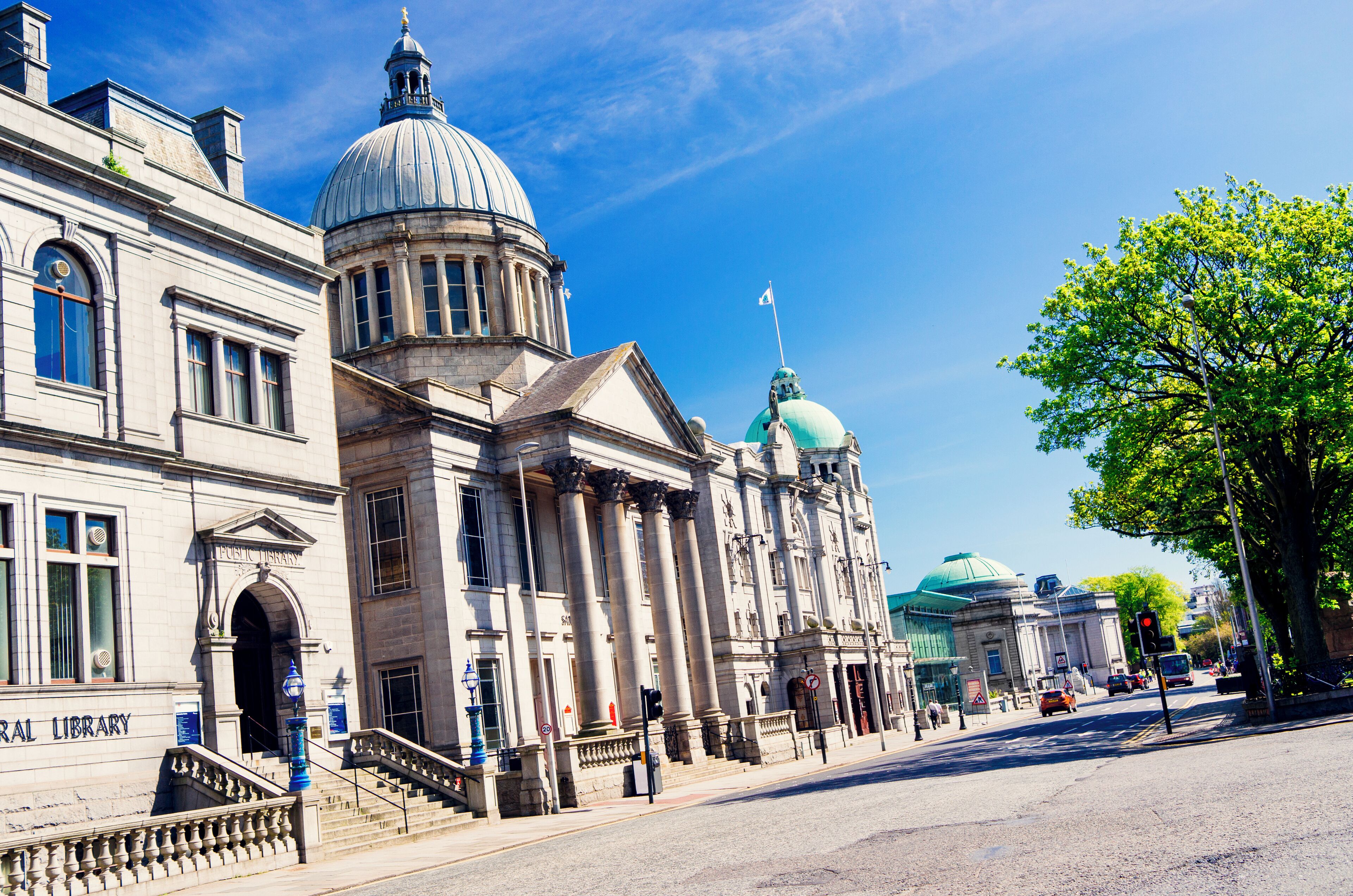 Aberdeen, Scotland looking eastwards along Rosemount Viaduct with the Central Library on the left. AdobeRGB colorspace.