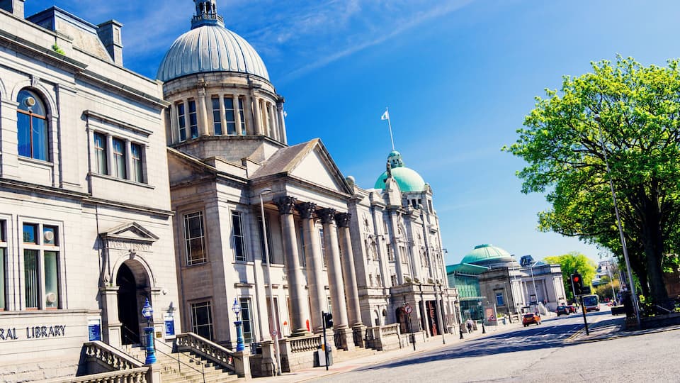 Aberdeen, Scotland looking eastwards along Rosemount Viaduct with the Central Library on the left. AdobeRGB colorspace.