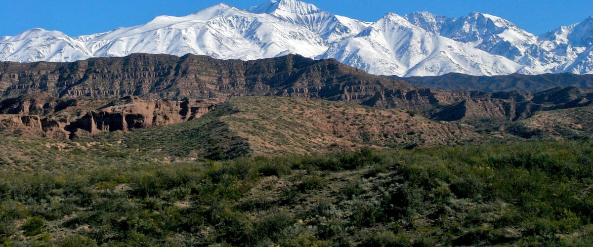 A mountain range with snow-capped peaks and a foreground of green shrubbery.