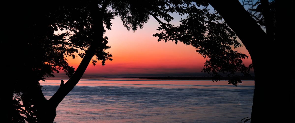 A sunset over a calm body of water with silhouettes of trees framing the view.