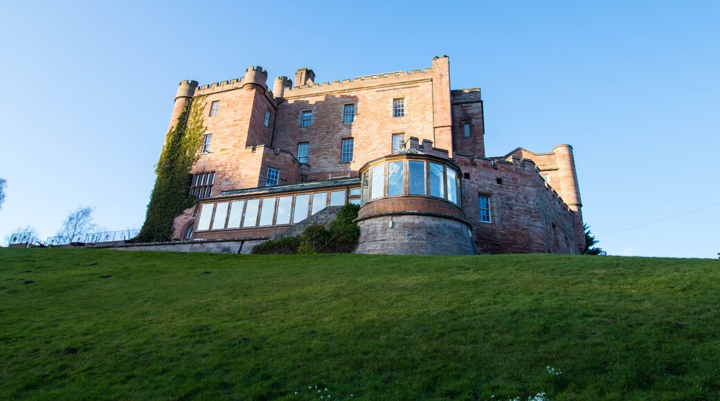 Dalhousie castle hotel in Bonnyrigg, Midlothian, Scotland. Photo of the castle from the back with restaurant anex.