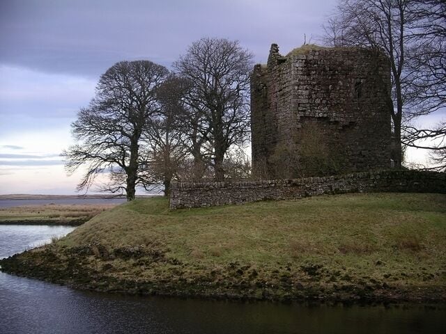 Cairns Castle. A 14th Century Keep, now on the edge of the Harperrig Reservoir, one of the reservoirs supplying Edinburgh. Taken from the Cairns Castle Bridge.
