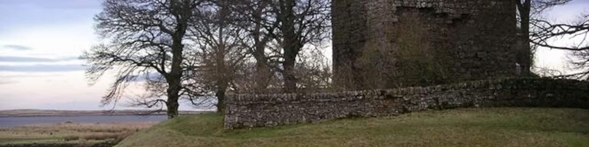 Cairns Castle. A 14th Century Keep, now on the edge of the Harperrig Reservoir, one of the reservoirs supplying Edinburgh. Taken from the Cairns Castle Bridge.