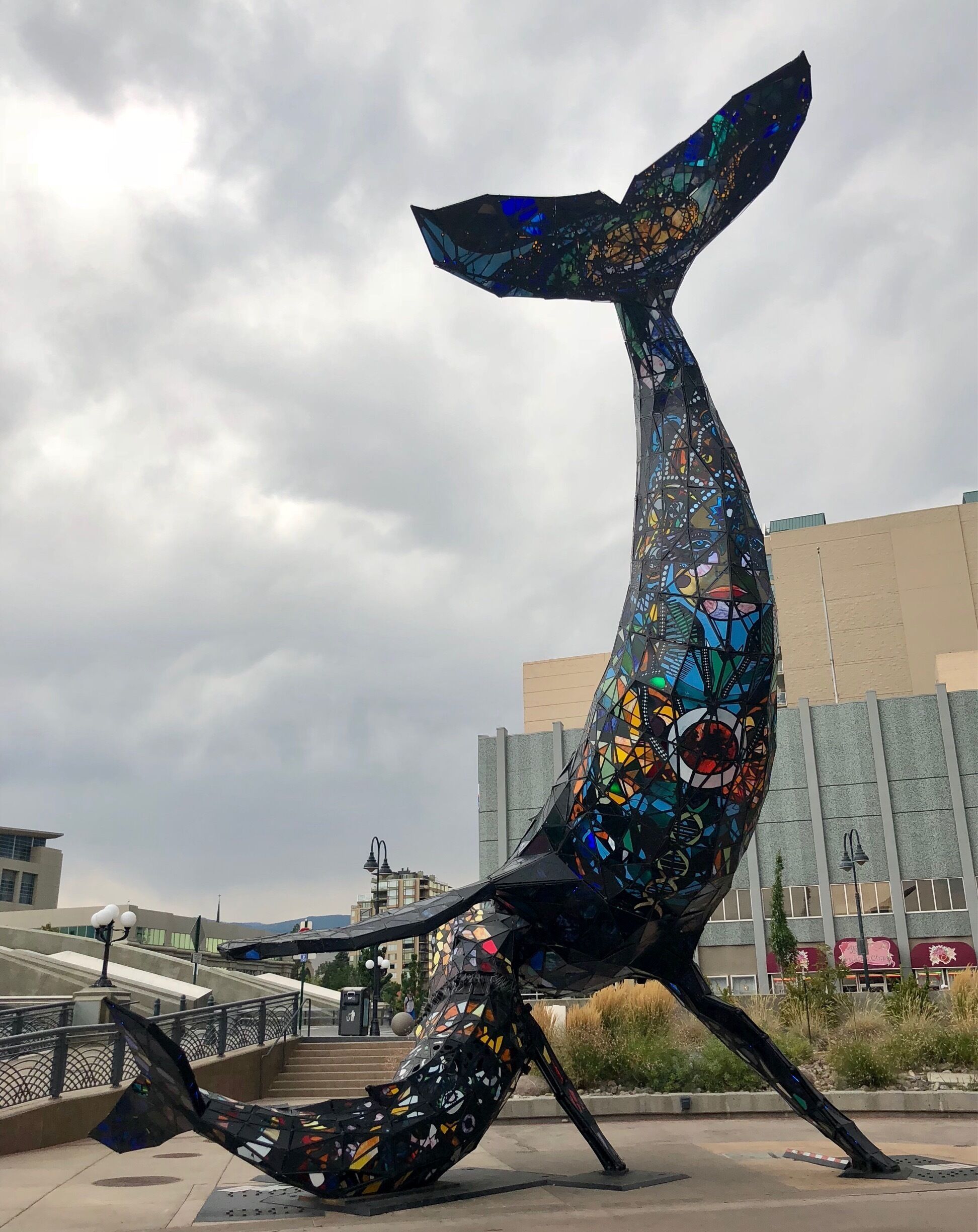 Named Space Whale this artwork is made of steel and stained glass. It was completed in 2016 and placed in the same
Downtown park at the Believe sign in 2017. 