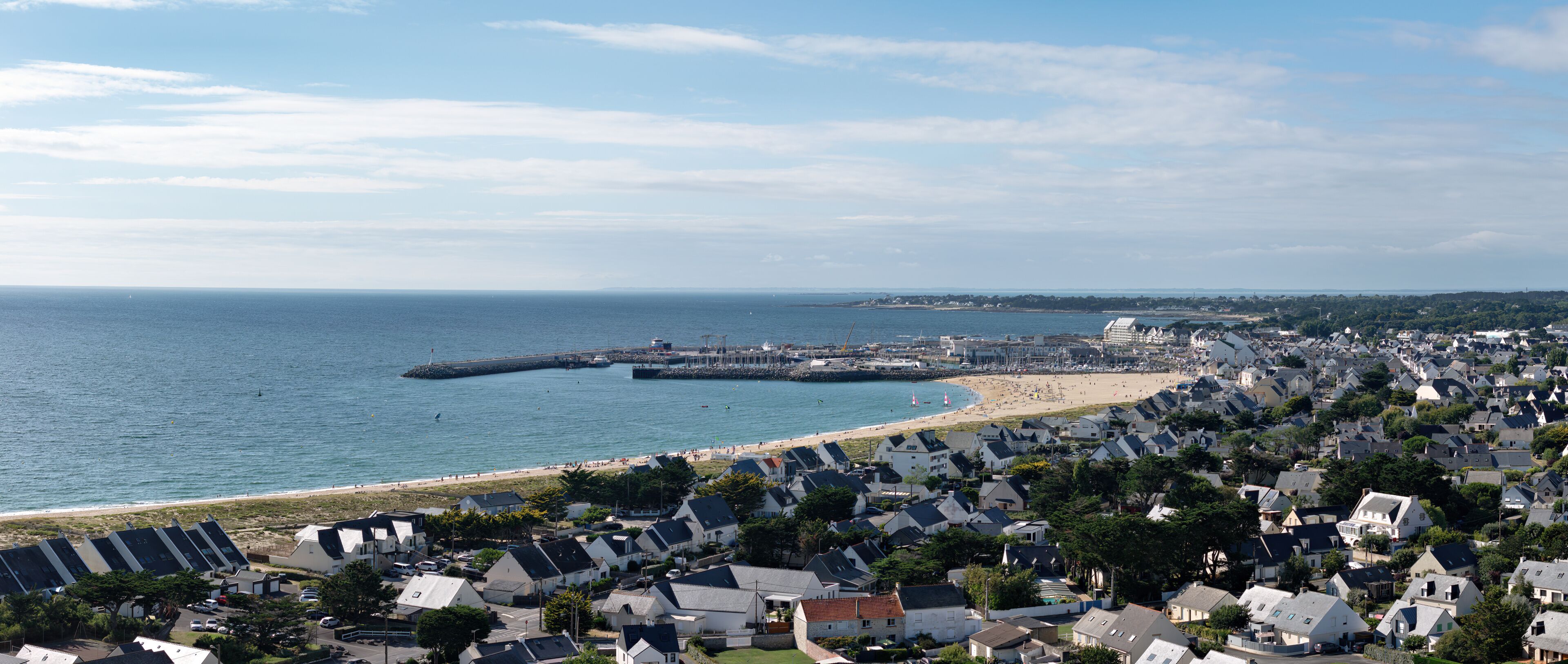 La Turballe, a village near the salt marshes of Guerande, Brittany, France; panoramic drone photo