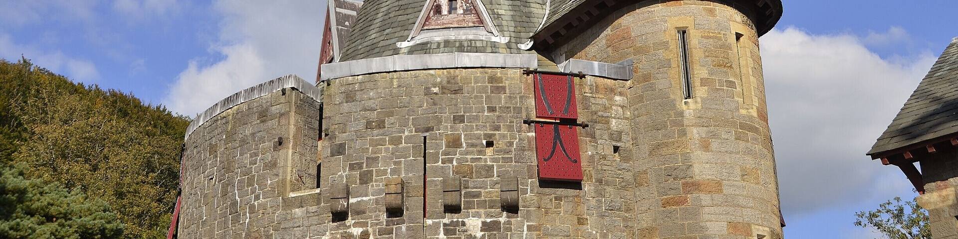 A castle with multiple towers and a weather vane.