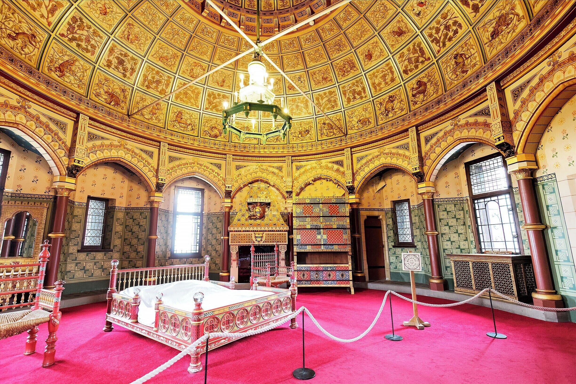 Lady Bute's Bedroom is the most lavish of the castle bedrooms.  The "love" theme is accentuated with small details on the ceiling panels, arch supports, and wall stencils.  Much of it was patterned on medieval designs, including the bed itself.