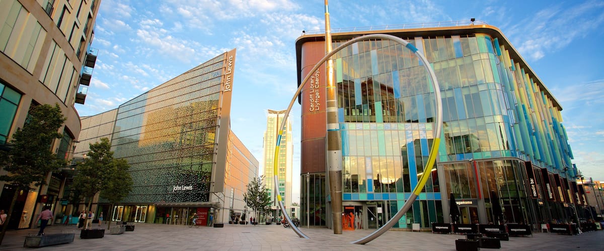 Cardiff which includes modern architecture, a square or plaza and a statue or sculpture