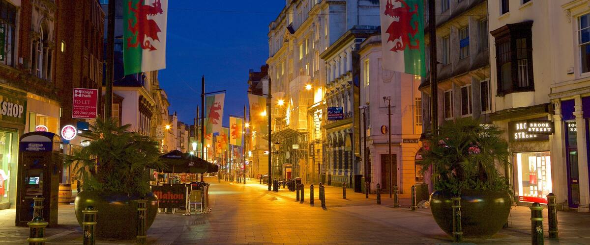 A street lined with historic buildings, flags, and street lamps.