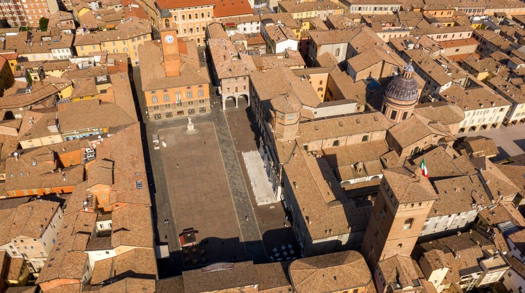 Aerial view on Piazza Prampolini in the historic center of Reggio Emilia, Italy. On the side of the square there is the Cathedral of Santa Maria Assunta.