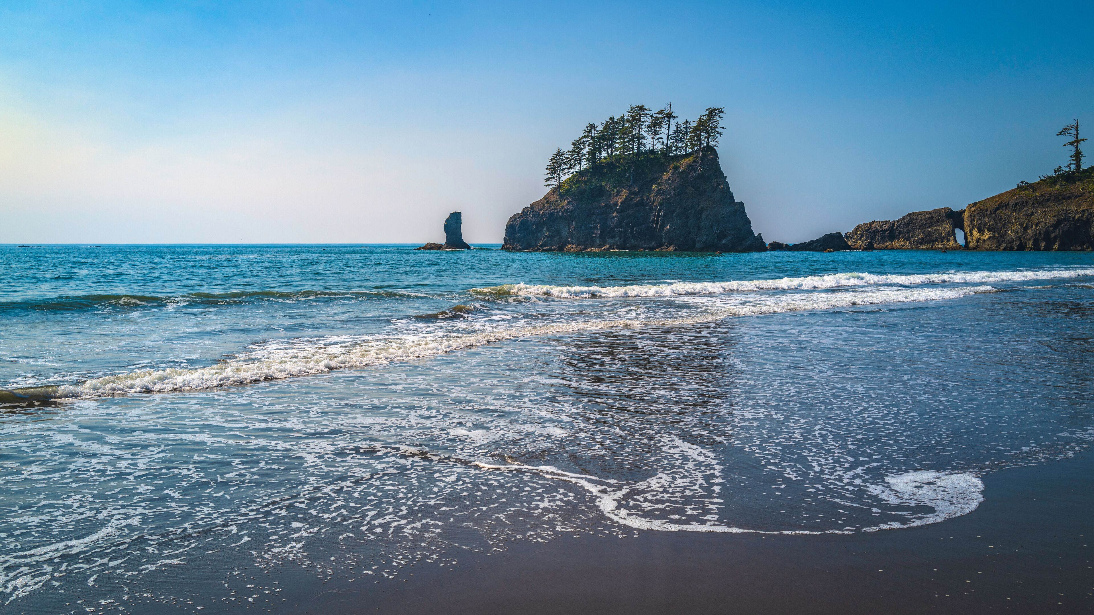 A beach with waves, a rocky cliff with trees, and a distant rock formation.