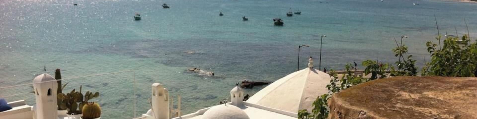 A coastal view with white buildings, a clear blue sea, and boats.