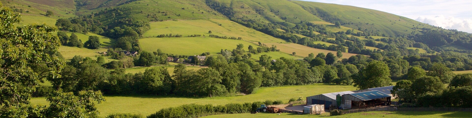 Rolling hills, green fields, a barn, and a tractor.
