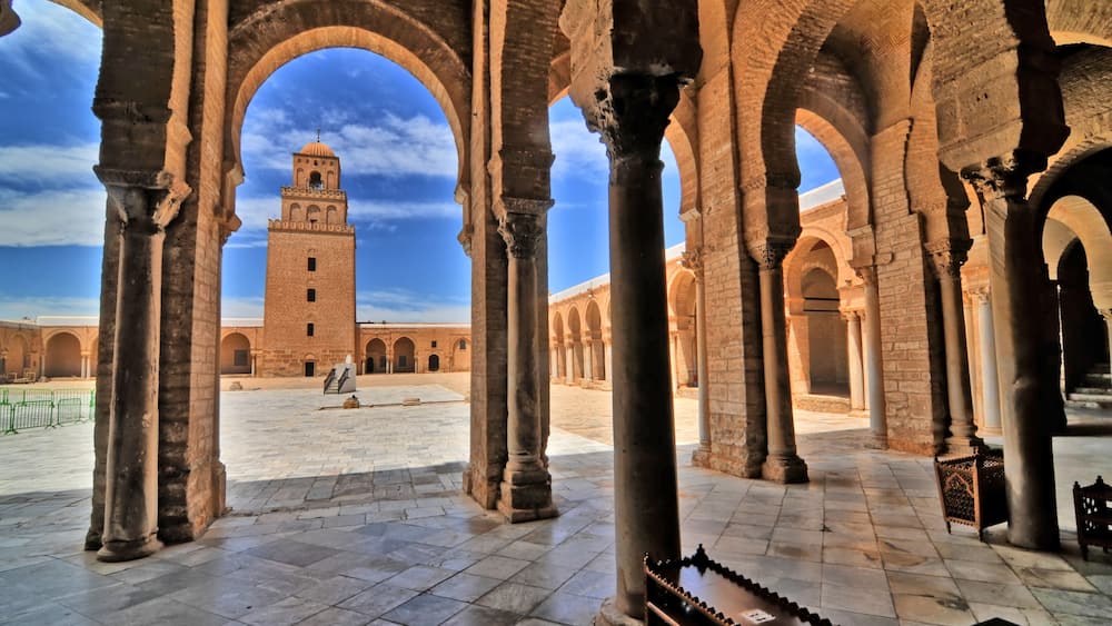 The Great Mosque of Kairouan also known as the Mosque of Uqba situated in the town of Kairouan, Tunisia.