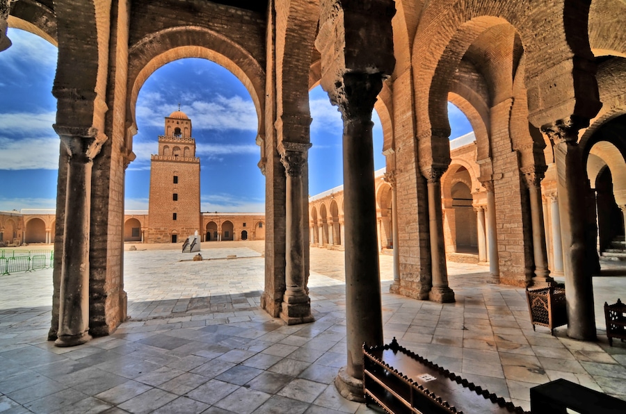 The Great Mosque of Kairouan also known as the Mosque of Uqba situated in the town of Kairouan, Tunisia.