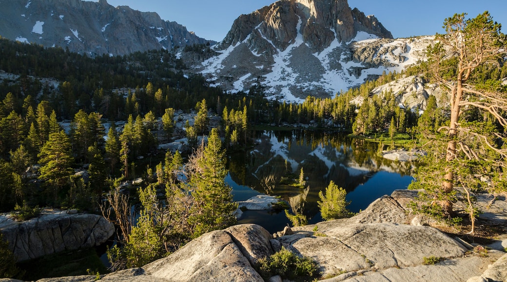 Mt. Thompson reflected in Baboon Lakes in the high sierra along the Blue Lake trail from Lake Sabrina CA.