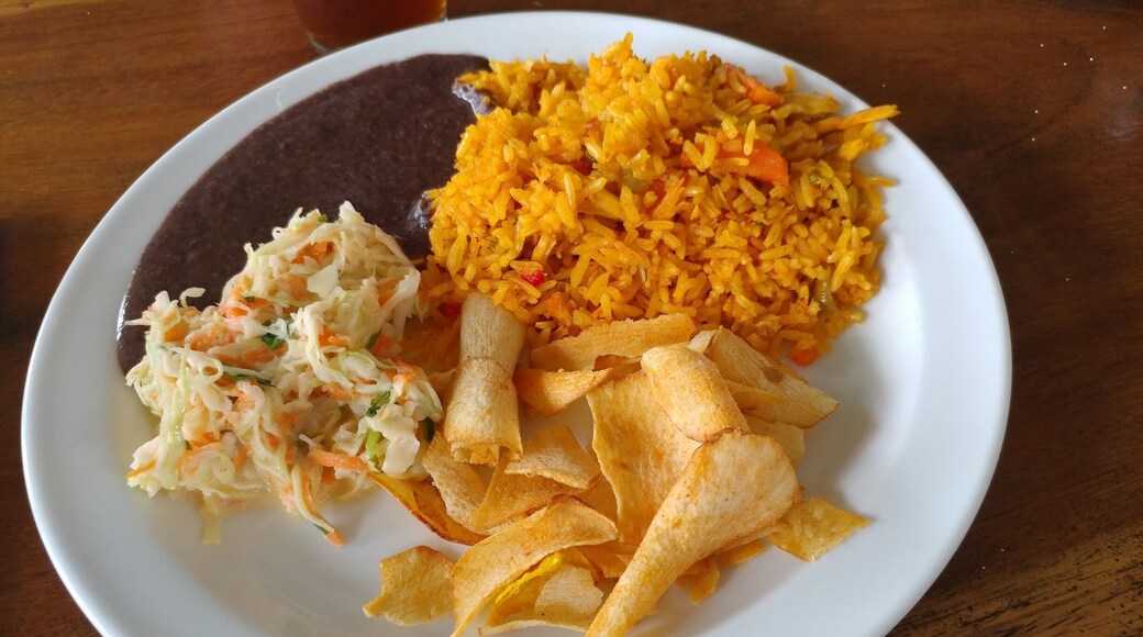 A lunch of refried beans, cole slaw, yucca chips and rice with chicken served to us at a local restaurant in Los Chiles as part of the Caño Negro/Río Frío boat tour.
#FoodieFinds