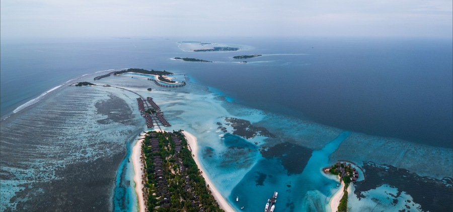 Aerial view of the islands in the country of Maldives. Area near Huraa island