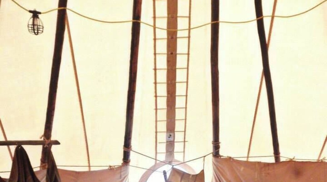 Stay in the teepee with your own private vintage washbasin that fills with water from the hot springs pond nearby. No bed in the teepee though, so you'll need an air mattress and blankets of your own, or stay on the campgrounds or in the resort cabins.