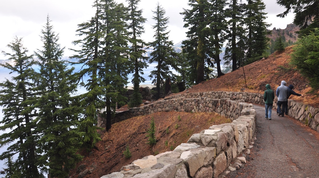 Three people walking on a trail leading towards Crater Lake National Park
