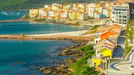 Aerial view of traditional fishermen boats lined in An Thoi harbor of Duong Dong town in the popular Phu Quoc island, Vietnam, Asia.