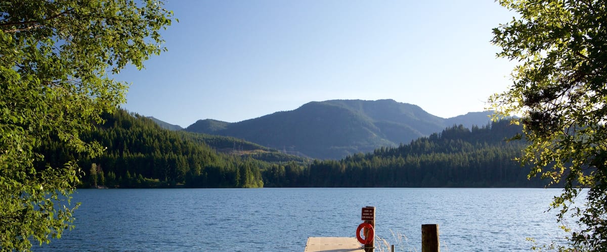A wooden dock extending into a calm lake surrounded by dense forest and mountains.