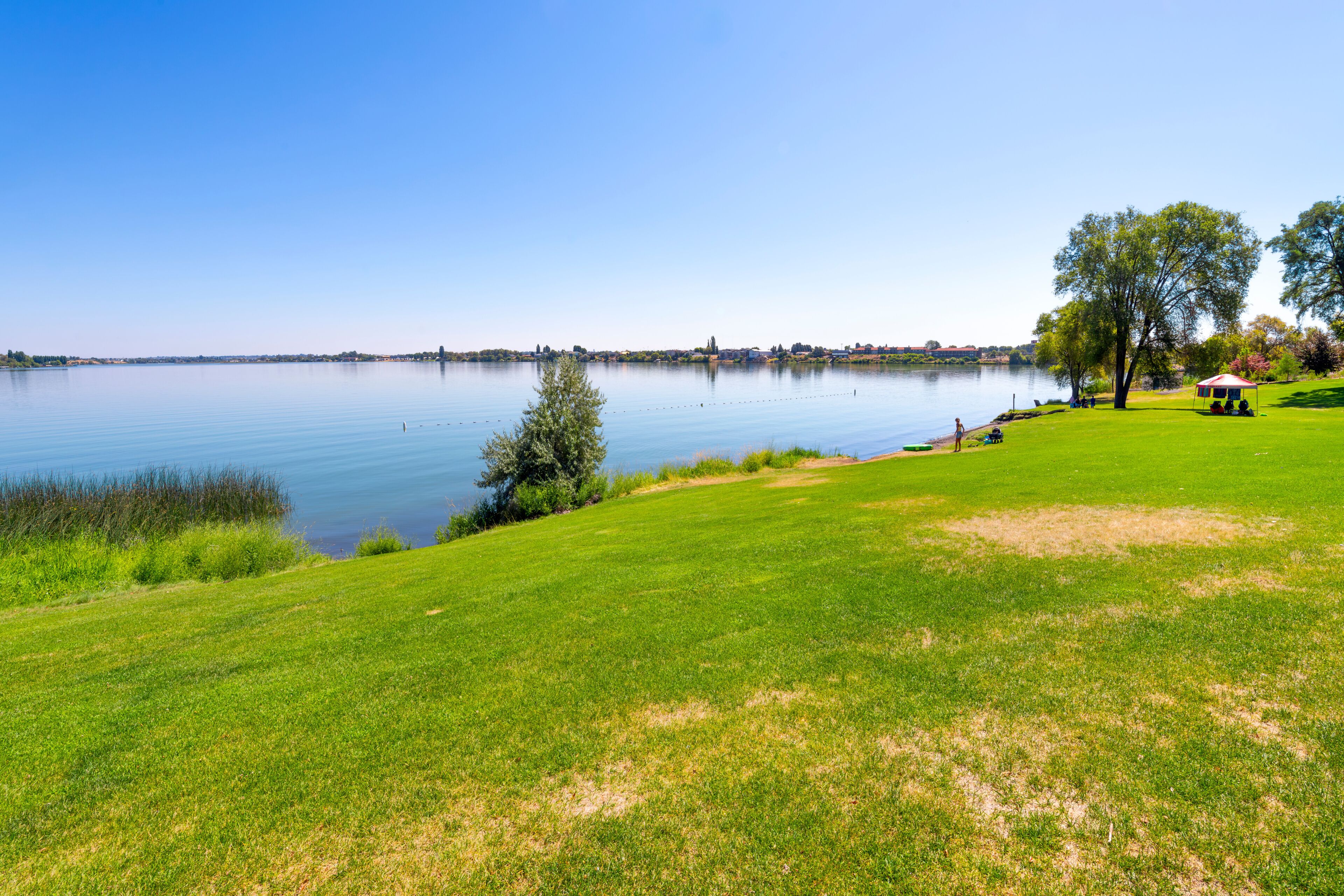 A summer day at the 24 acre lakeside Blue Heron Park in the city of Moses Lake, Washington, in Central Washington, USA.