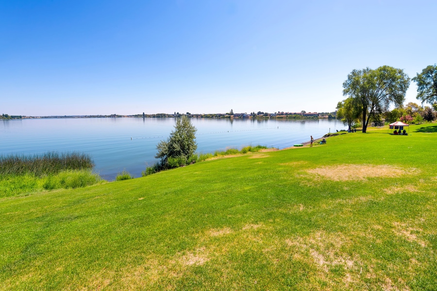A calm lake with a grassy shoreline, a picnic area with a tent, and trees in the background.