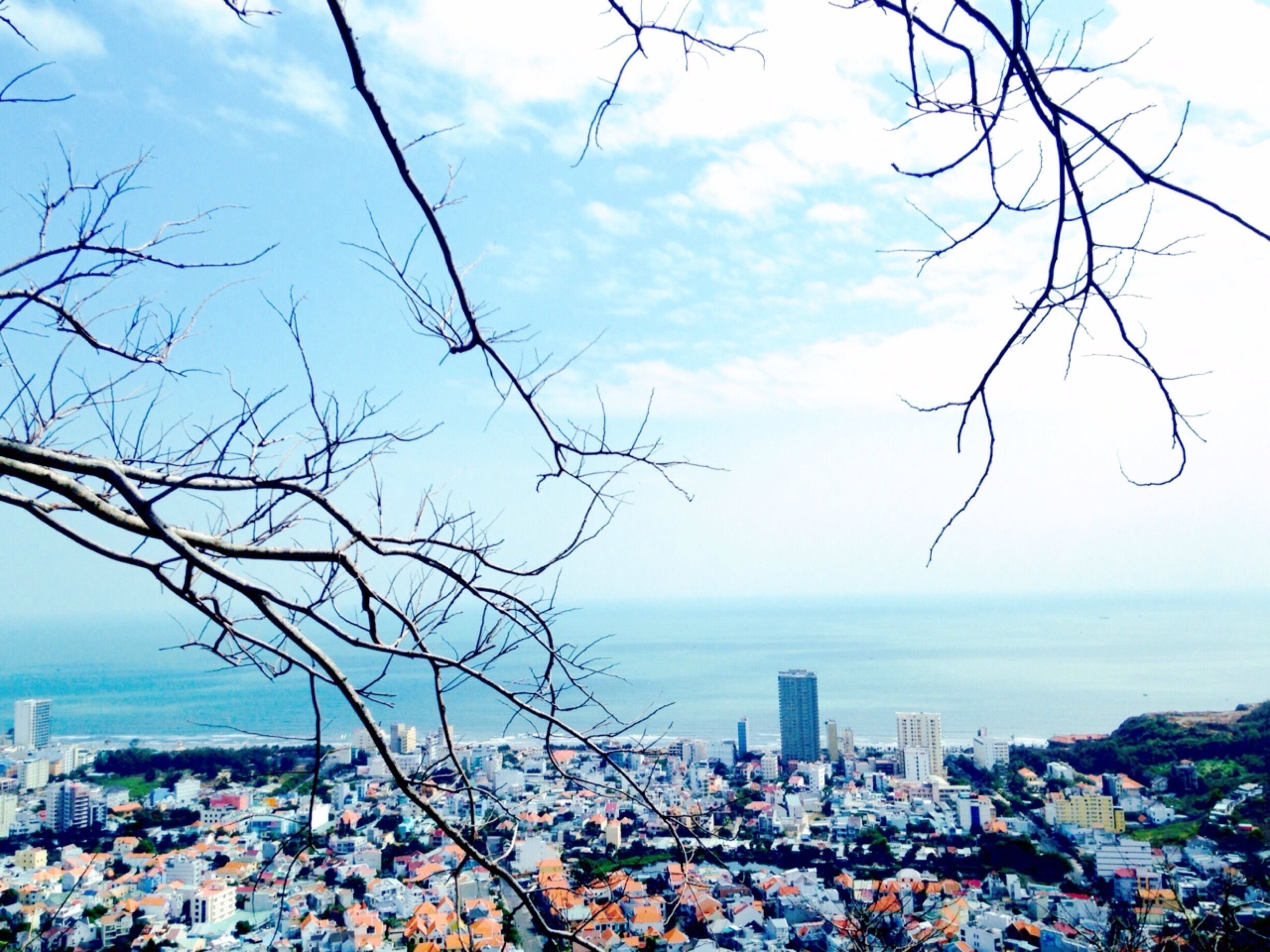 A coastal cityscape with a mix of residential and commercial buildings, a prominent skyscraper, and a view of the sea.