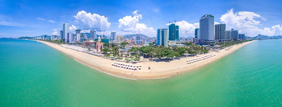 Panoramic Nha Trang Beach city, view from the sea by drone. Khanh Hoa, VietNam