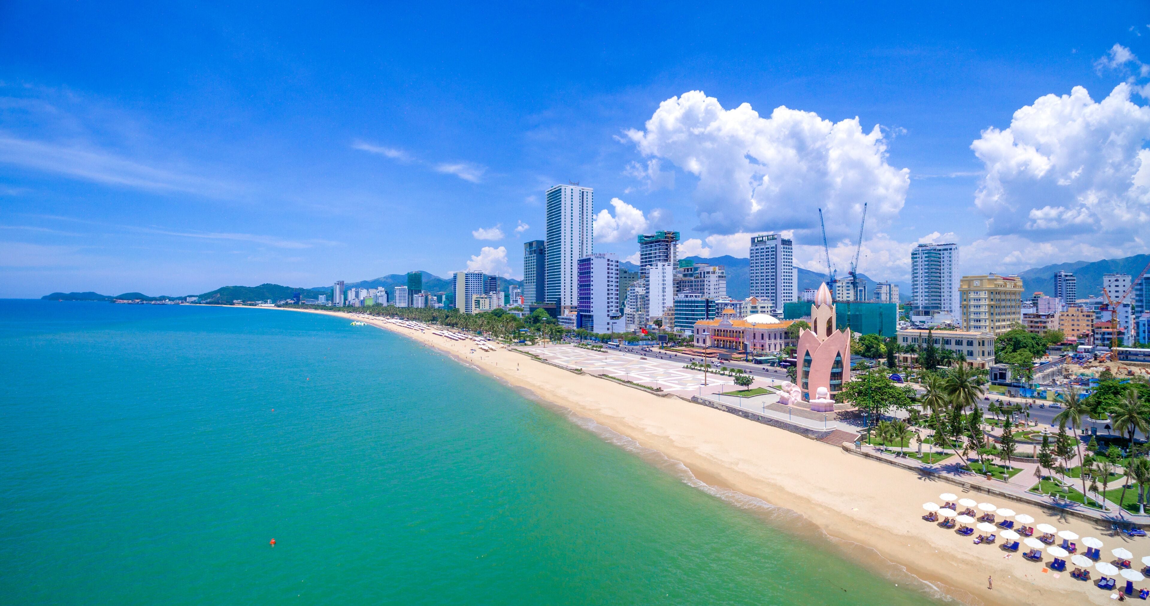 Panorama of the city of Nha Trang in Vietnam from drone point of view