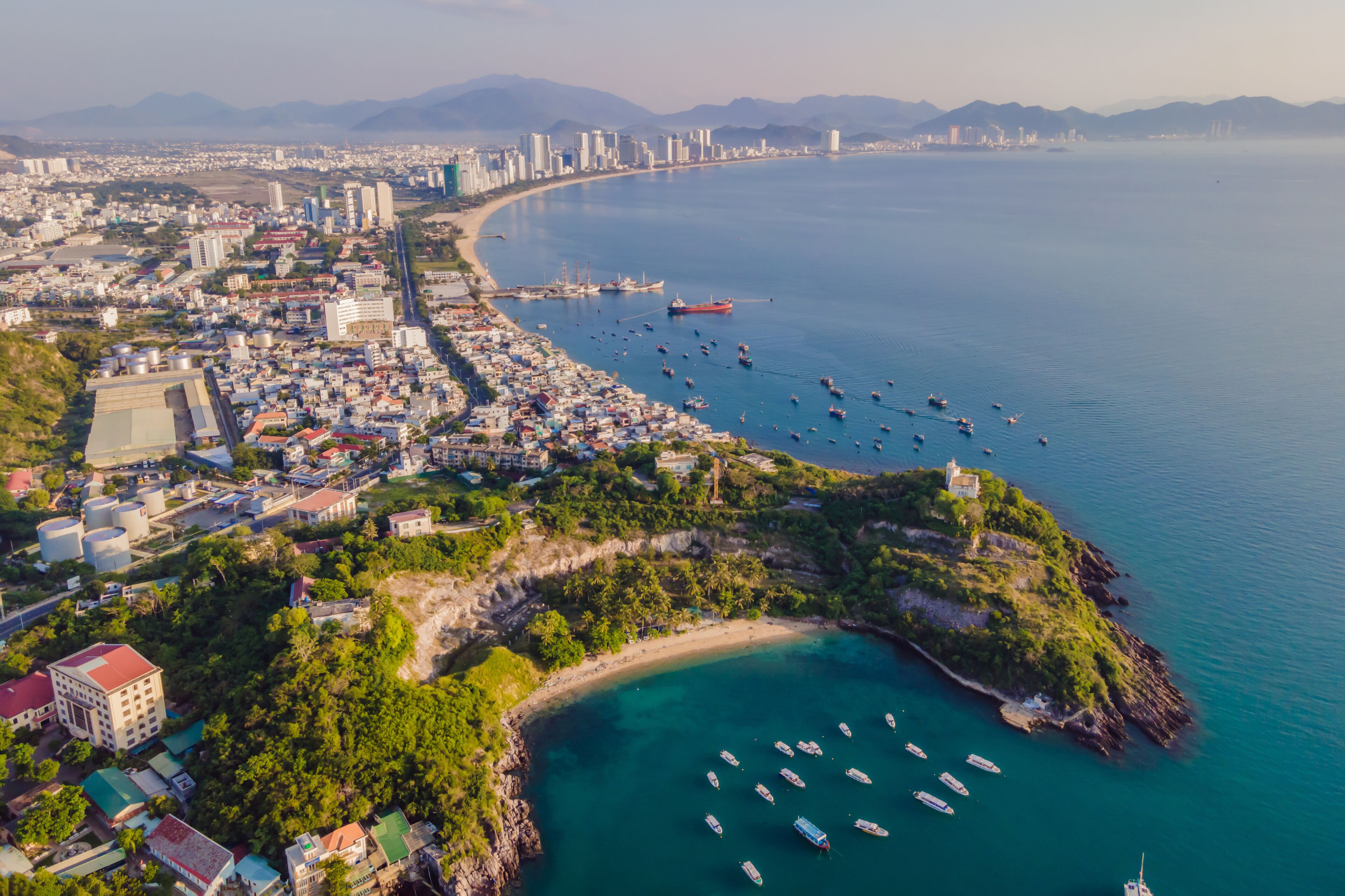 Aerial view over Nha Trang city, Vietnam taken from drone