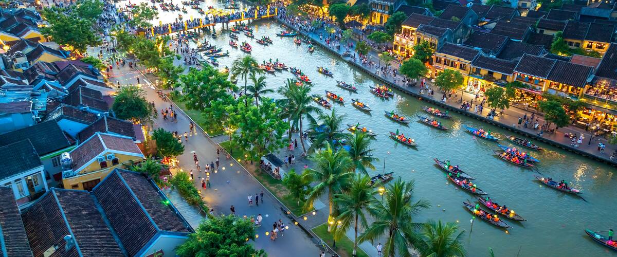Aerial view of Hoi An ancient town, Vietnam. Famous old town for travel in Vietnam, UNESCO World Heritage.
