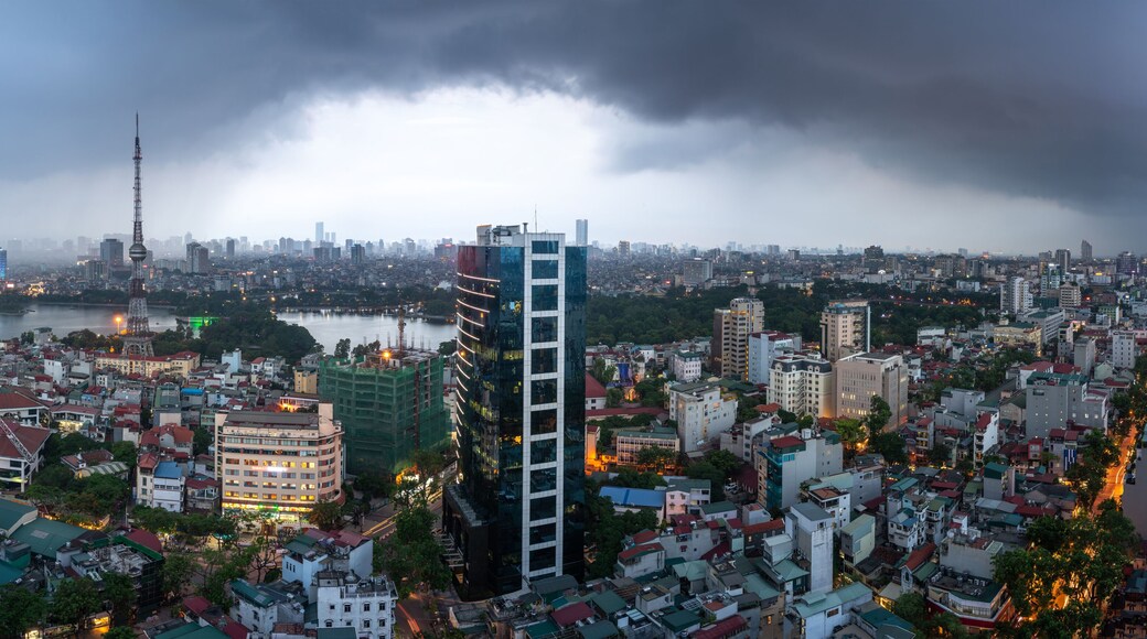 Aerial skyline view of Hanoi city, Vietnam. Hanoi cityscape by sunset period at Hai Ba Trung district viewing from Ba Trieu street