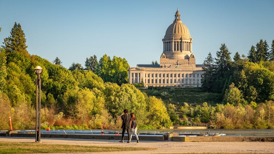 A large government building with a dome, surrounded by trees and a body of water.