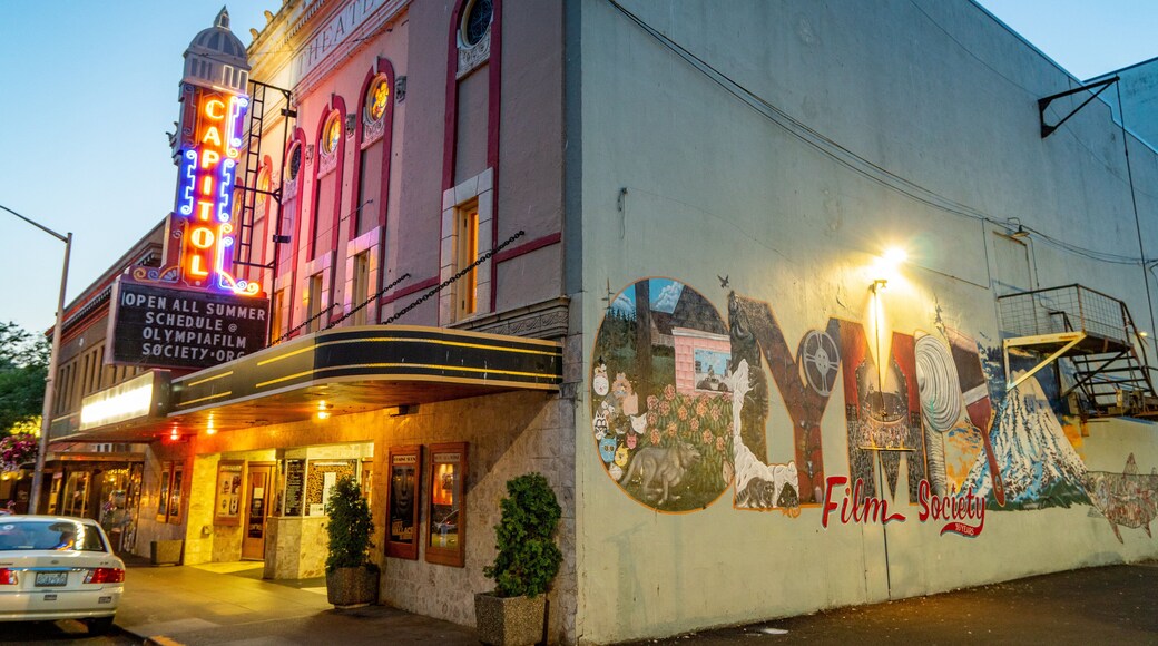 Olympia showing outdoor art and night scenes