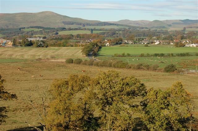 A rural landscape with rolling hills, scattered houses, and grazing sheep.