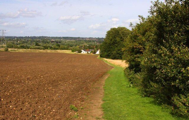 A plowed field, a grassy path, and a white building in the distance.