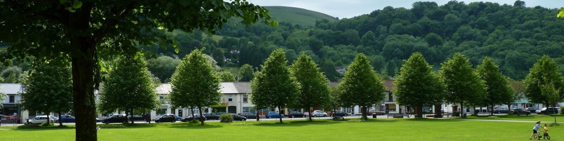 Looking across the park to the shops, Risca