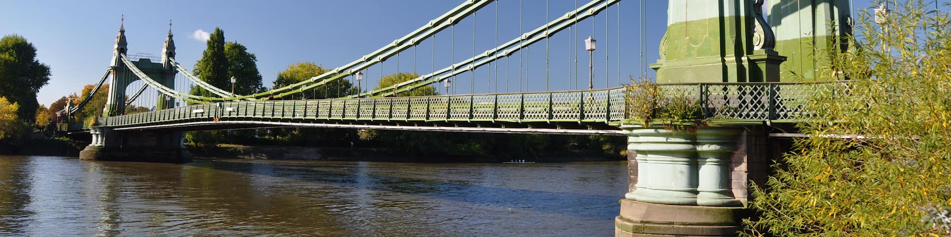 A suspension bridge with green towers and cables over a river.