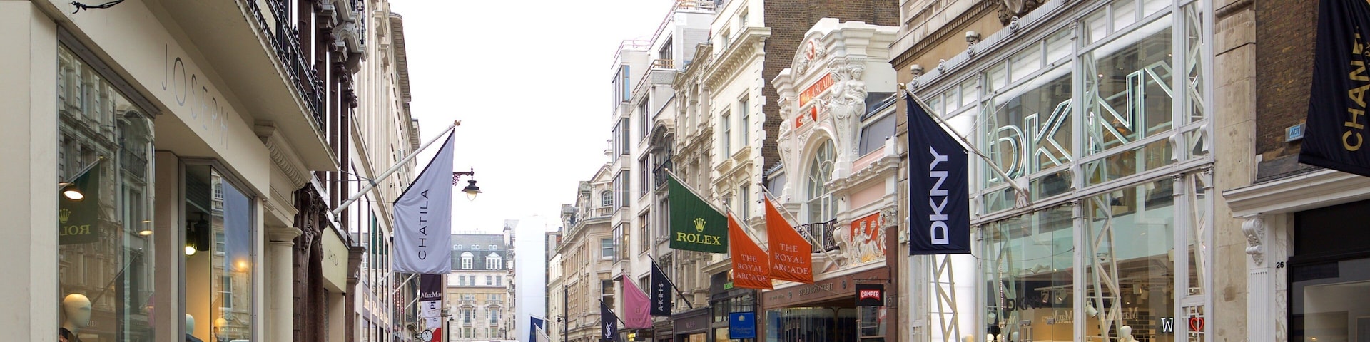 London showing heritage architecture, shopping and signage