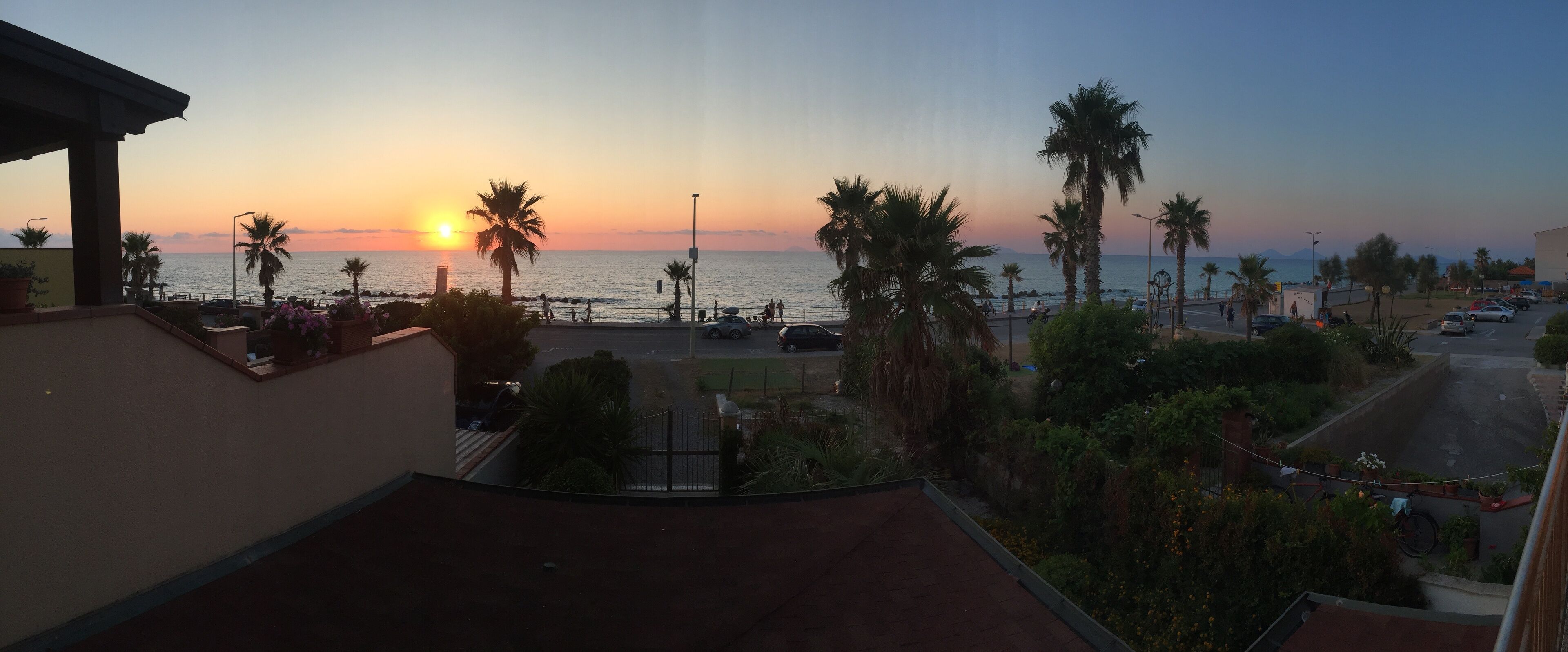 A sunset over a coastal area with palm trees and a road with cars.