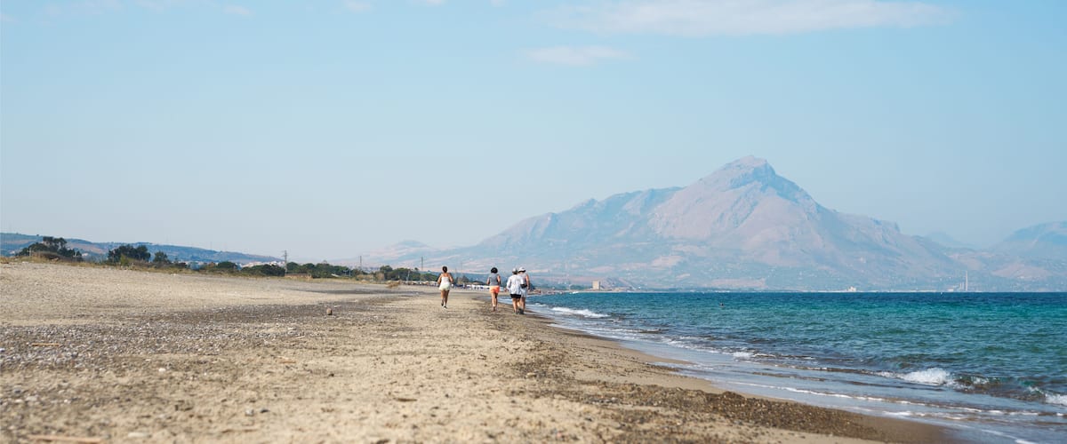 A beach with a mountain in the background.