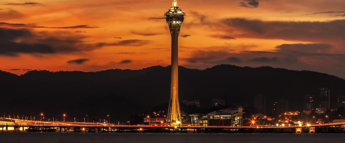 The Macau Tower at Dusk. From the other side of Taipa Island you can capture a classic image of the Macau tower, from sunset, dusk and blue hour time..