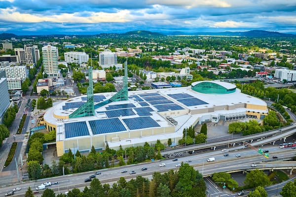 Aerial View of Portland Cityscape with Solar Panels and Highway