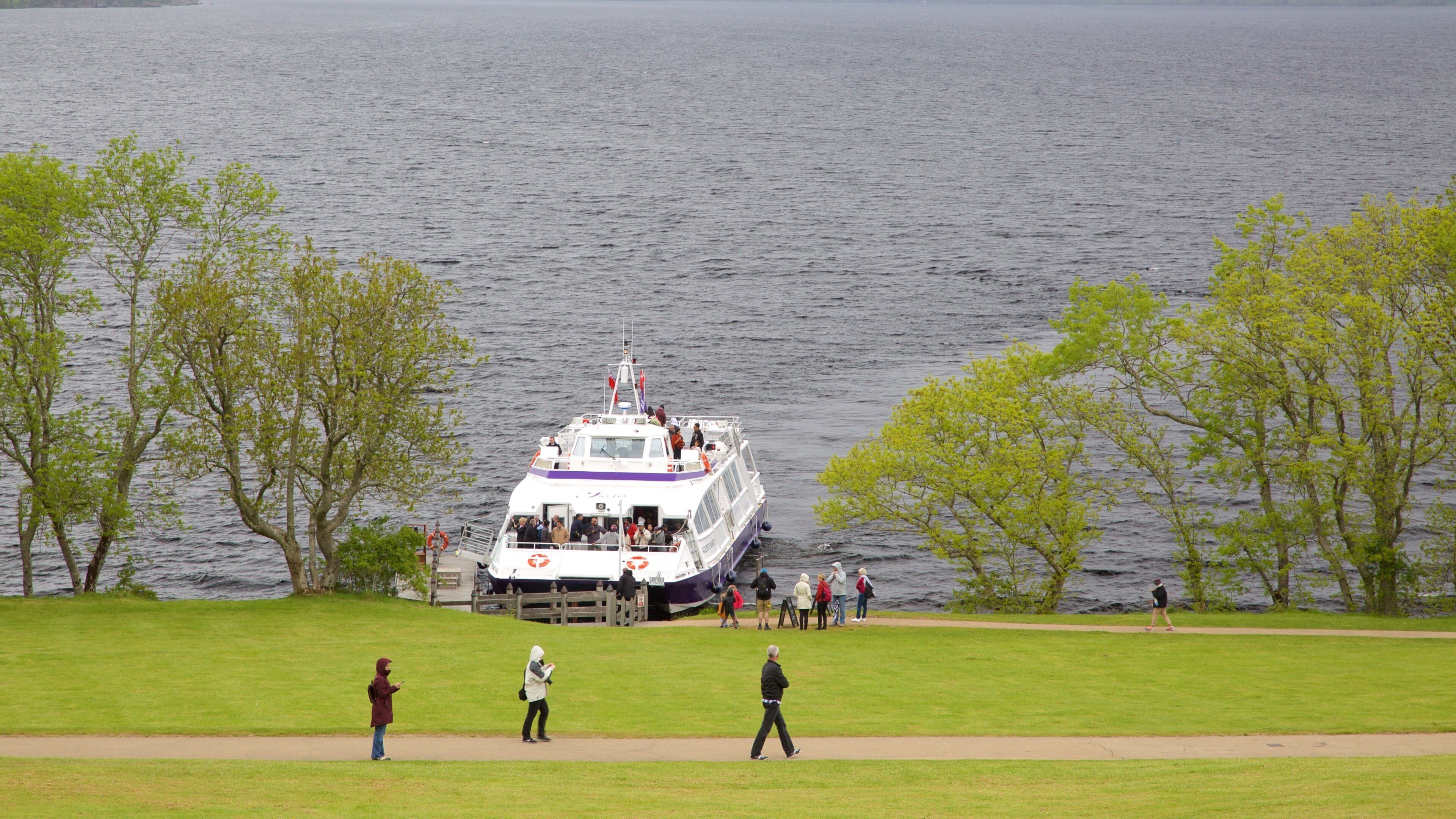 Loch Ness featuring general coastal views and a ferry as well as a small group of people